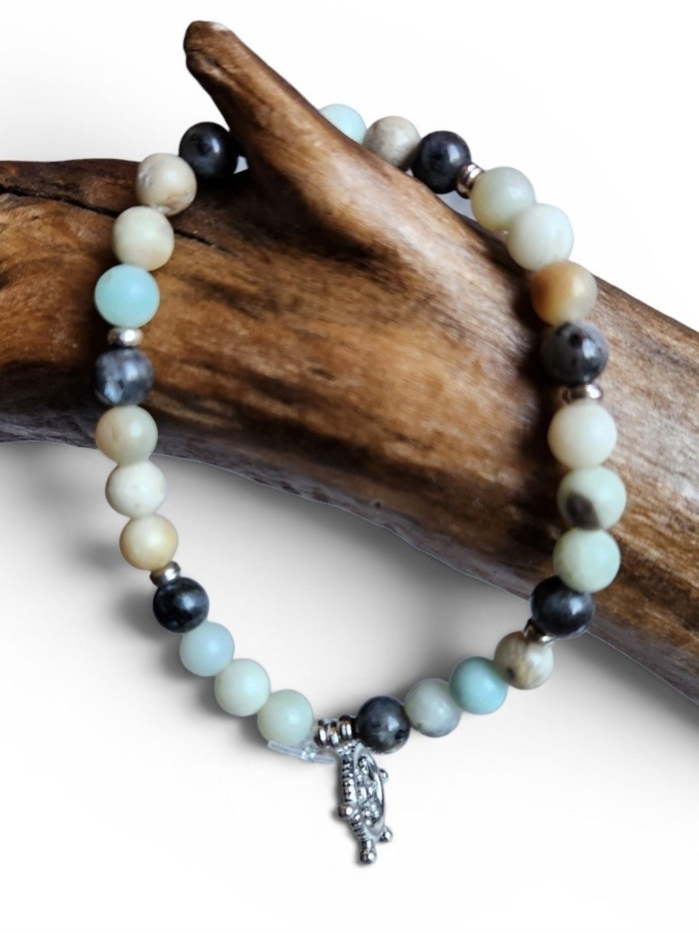 Amazonite & Obsidian Beaded Stretch Bracelet with Silver Charm